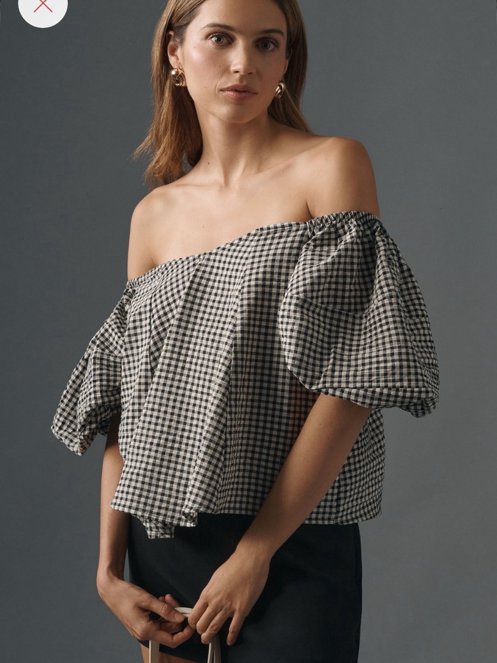 Maeve Black & White Gingham Off-Shoulder Puff Sleeve Top